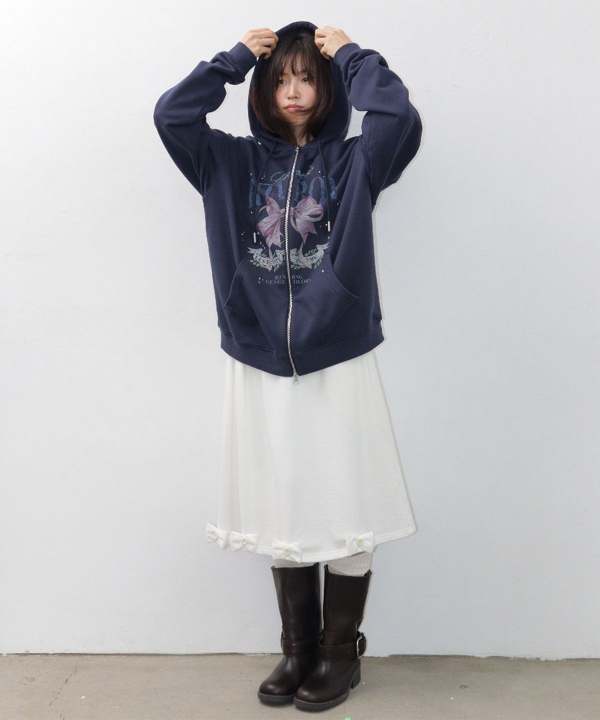 론론(RONRON) VINTAGE DOUBLE RIBBON HOODIE ZIP UP NAVY