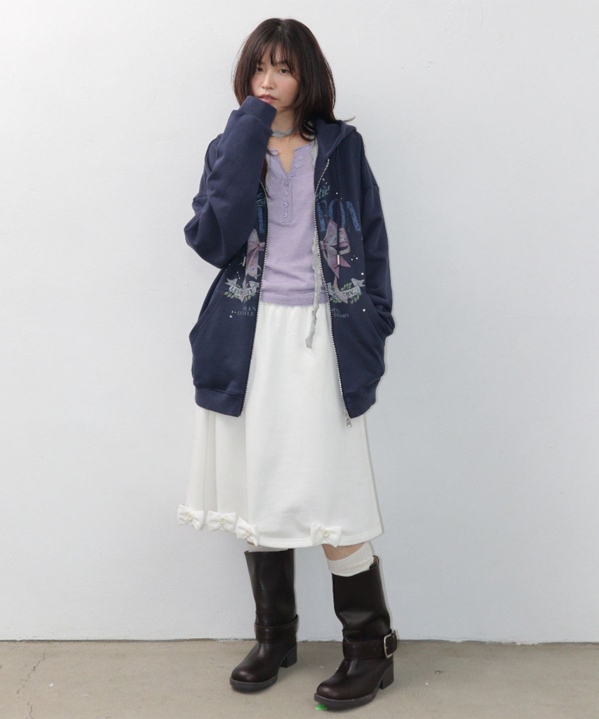 론론(RONRON) VINTAGE DOUBLE RIBBON HOODIE ZIP UP NAVY
