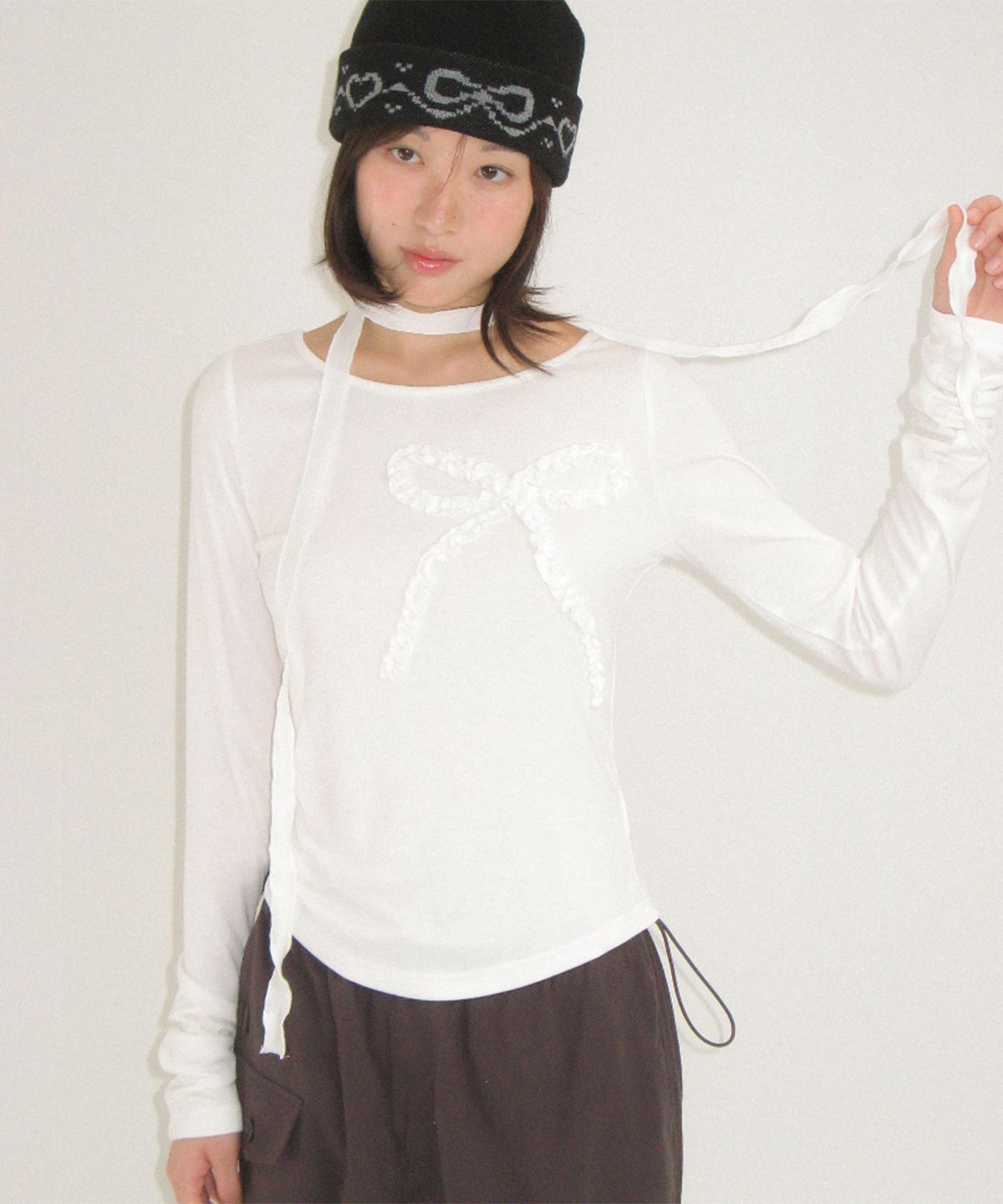 론론(RONRON) PETIT SCARF SET RIBBON SHIRRING LONG SLEEVE WHITE