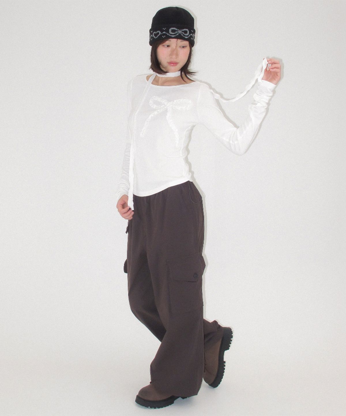 론론(RONRON) PETIT SCARF SET RIBBON SHIRRING LONG SLEEVE WHITE