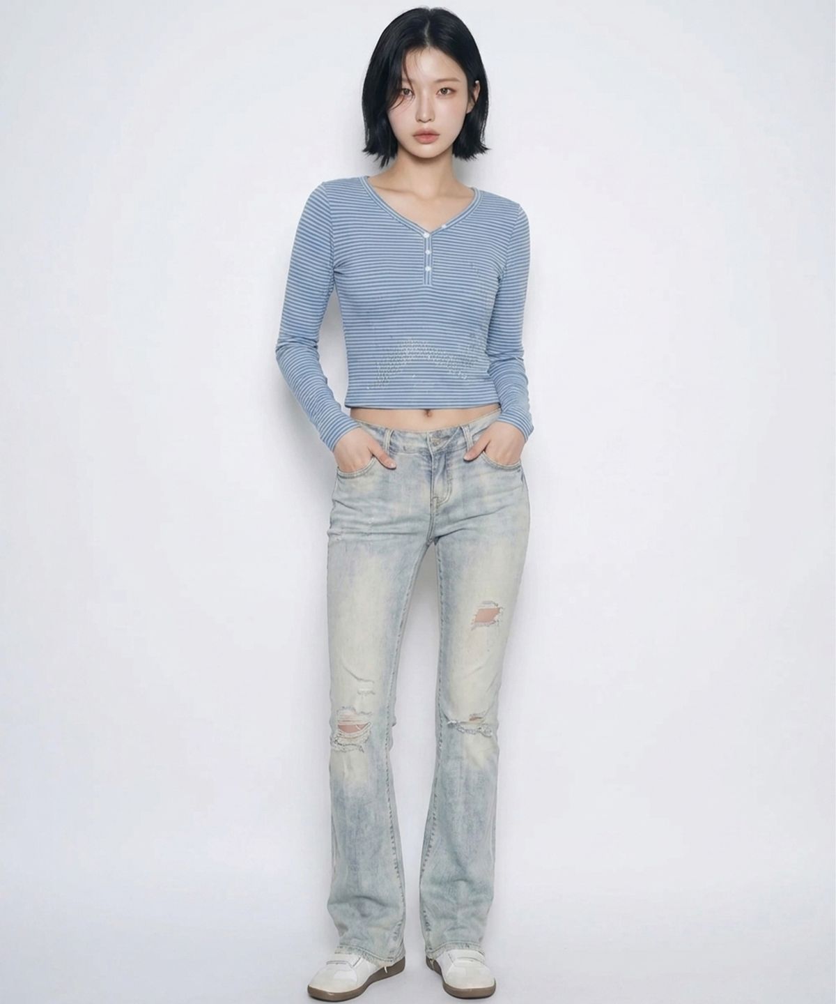 본슬리피(BORN SLIPPY) Future Wave Stripe Henley Long Sleeve Tee (Sky Blue)