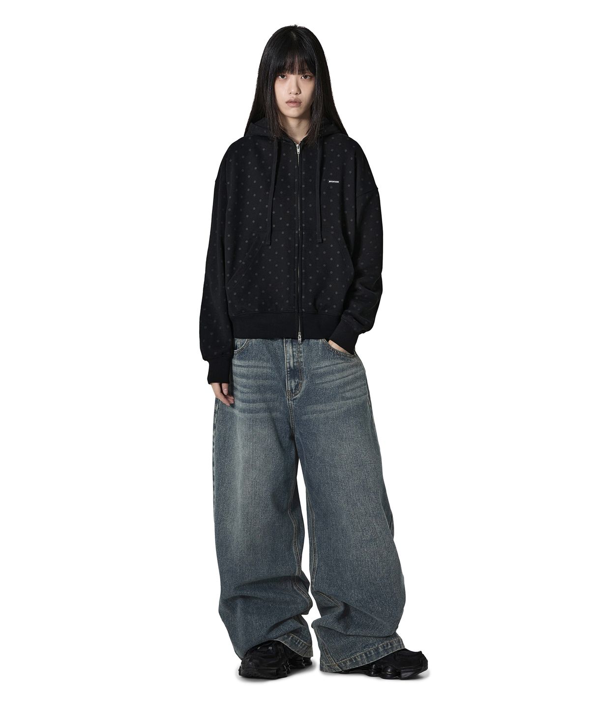 오픈야드(오와이)(OPENYARD(OY)) DOT METAL LOGO HOODIE ZIP UP - BLACK