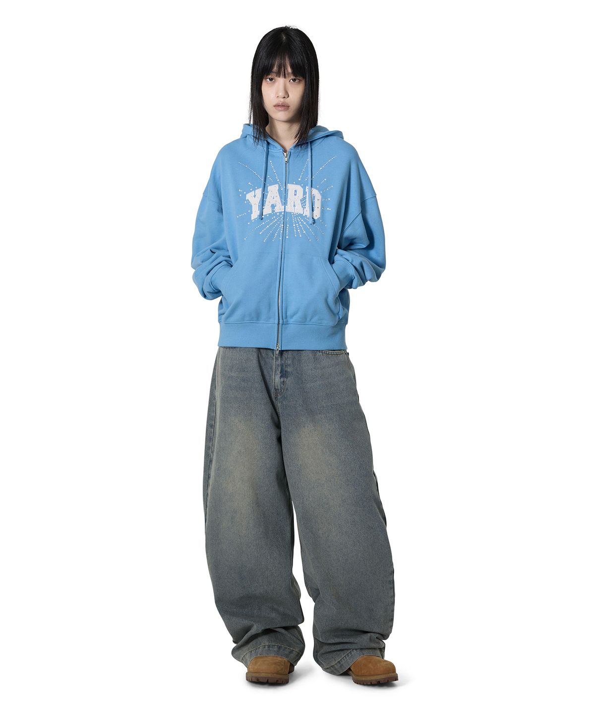 오픈야드(오와이)(OPENYARD(OY)) RHINESTONE BURST HOODIE ZIP UP - LIGHT BLUE