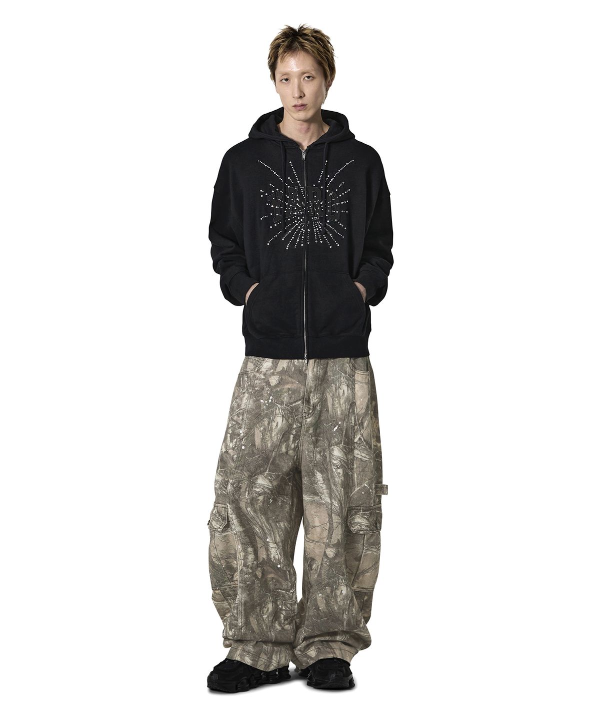 오픈야드(오와이)(OPENYARD(OY)) RHINESTONE BURST HOODIE ZIP UP - BLACK