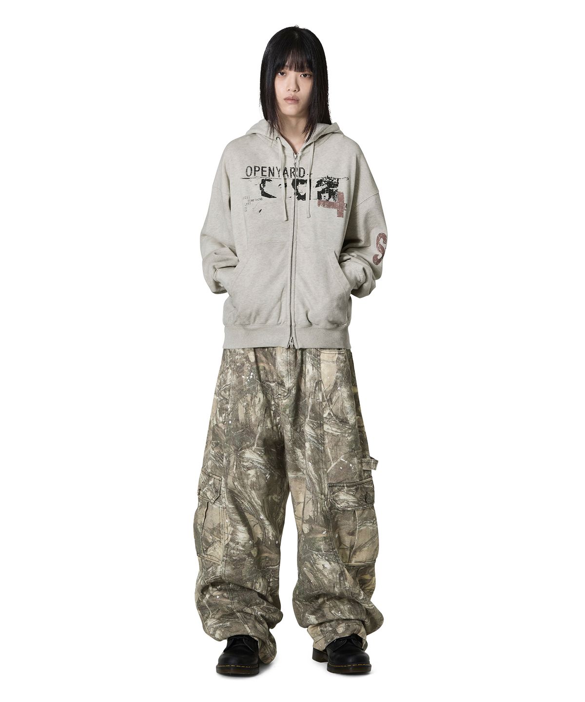 오픈야드(오와이)(OPENYARD(OY)) DISTRESSED COLLAGE WASHED HOODIE ZIP UP - OATMEAL