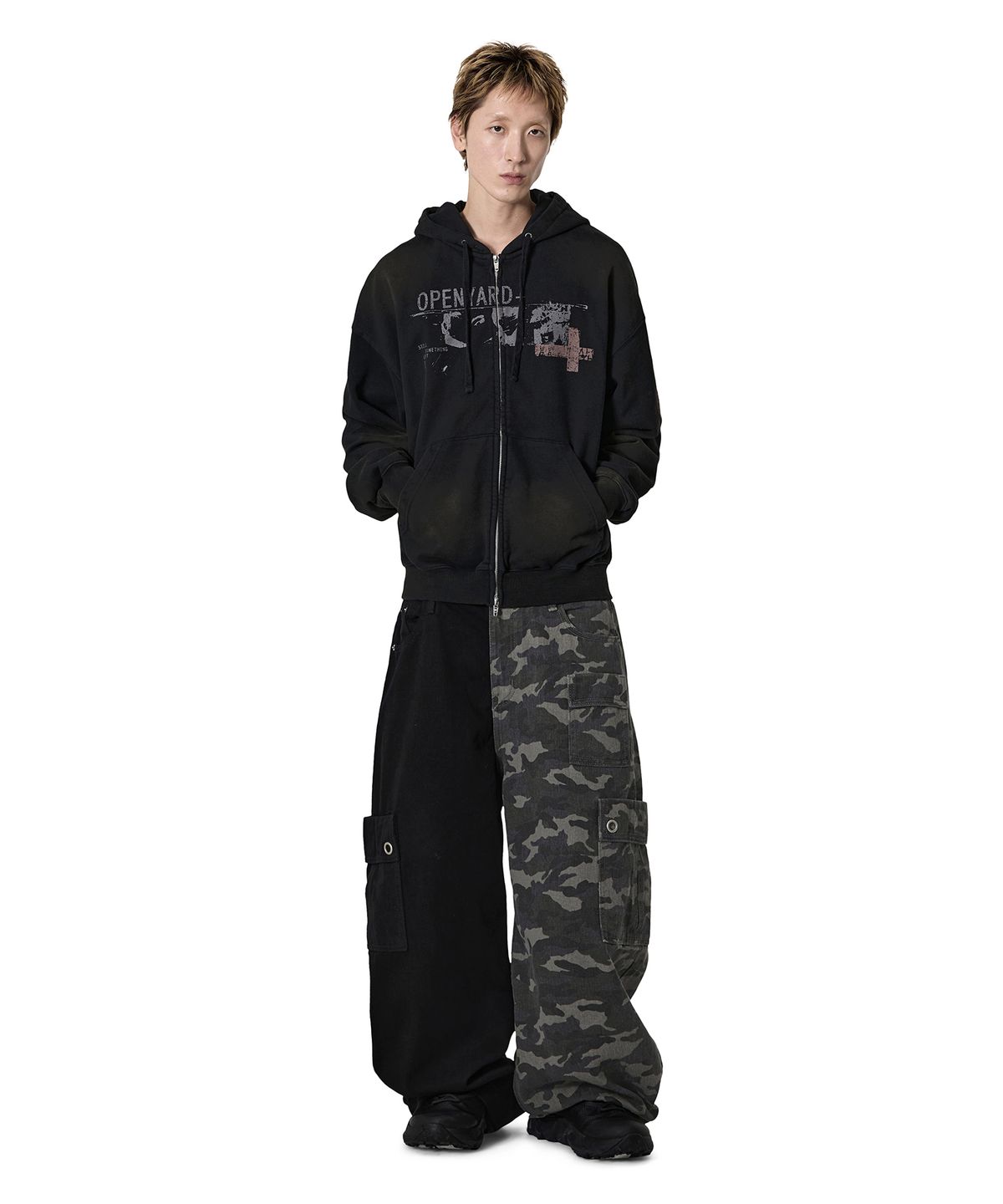 오픈야드(오와이)(OPENYARD(OY)) DISTRESSED COLLAGE WASHED HOODIE ZIP UP - BLACK