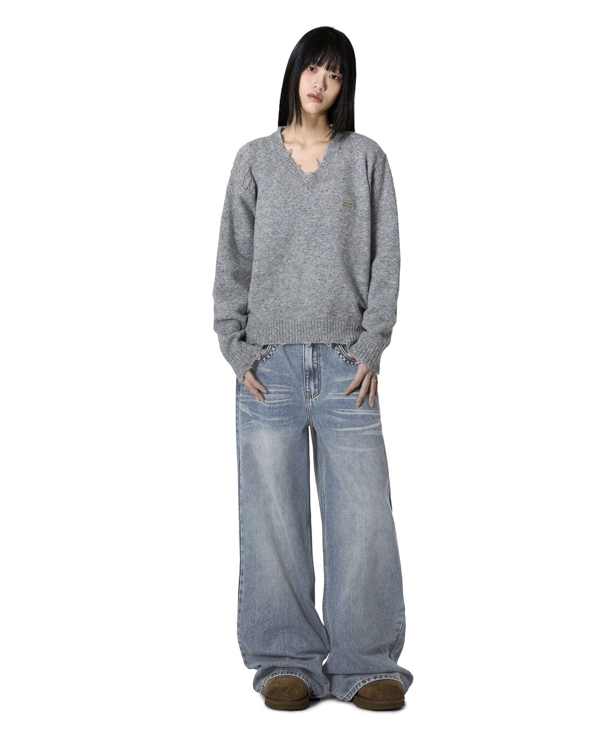 오픈야드(오와이)(OPENYARD(OY)) DISTRESSED V NECK KNIT - GREY