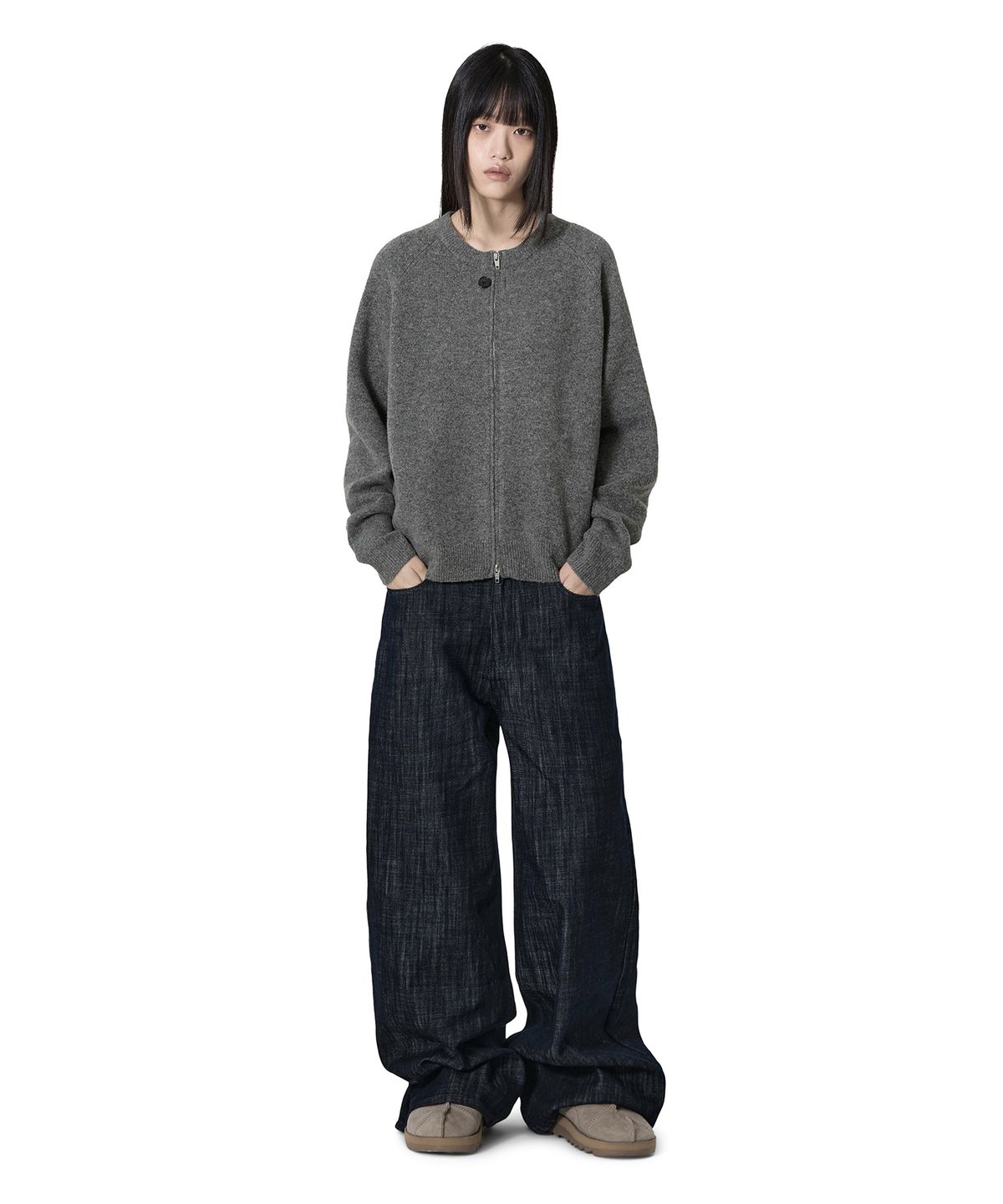오픈야드(오와이)(OPENYARD(OY)) METAL LOGO ZIP CARDIGAN - CHARCOAL