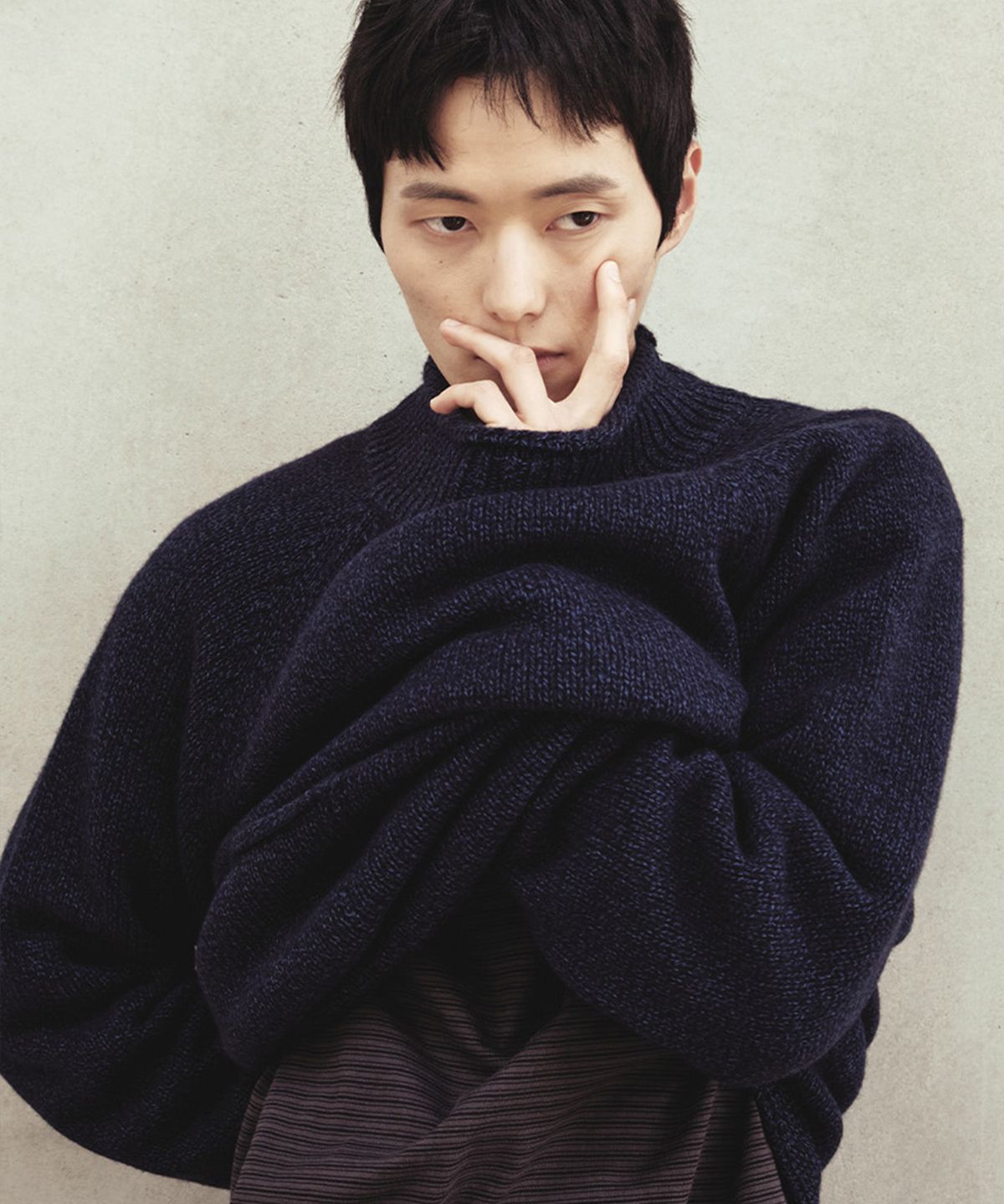 홀리선(HORLISUN) Fjord Roll Neck Pocket Knit Melange Navy