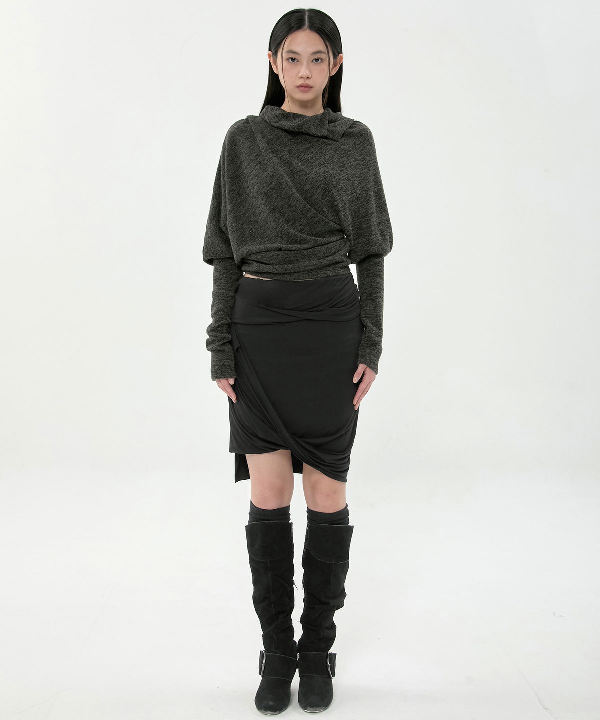 플레어업(FLAREUP) Knit Asymmetrical Long Sleeve (FL-193_Charcoal Melange)