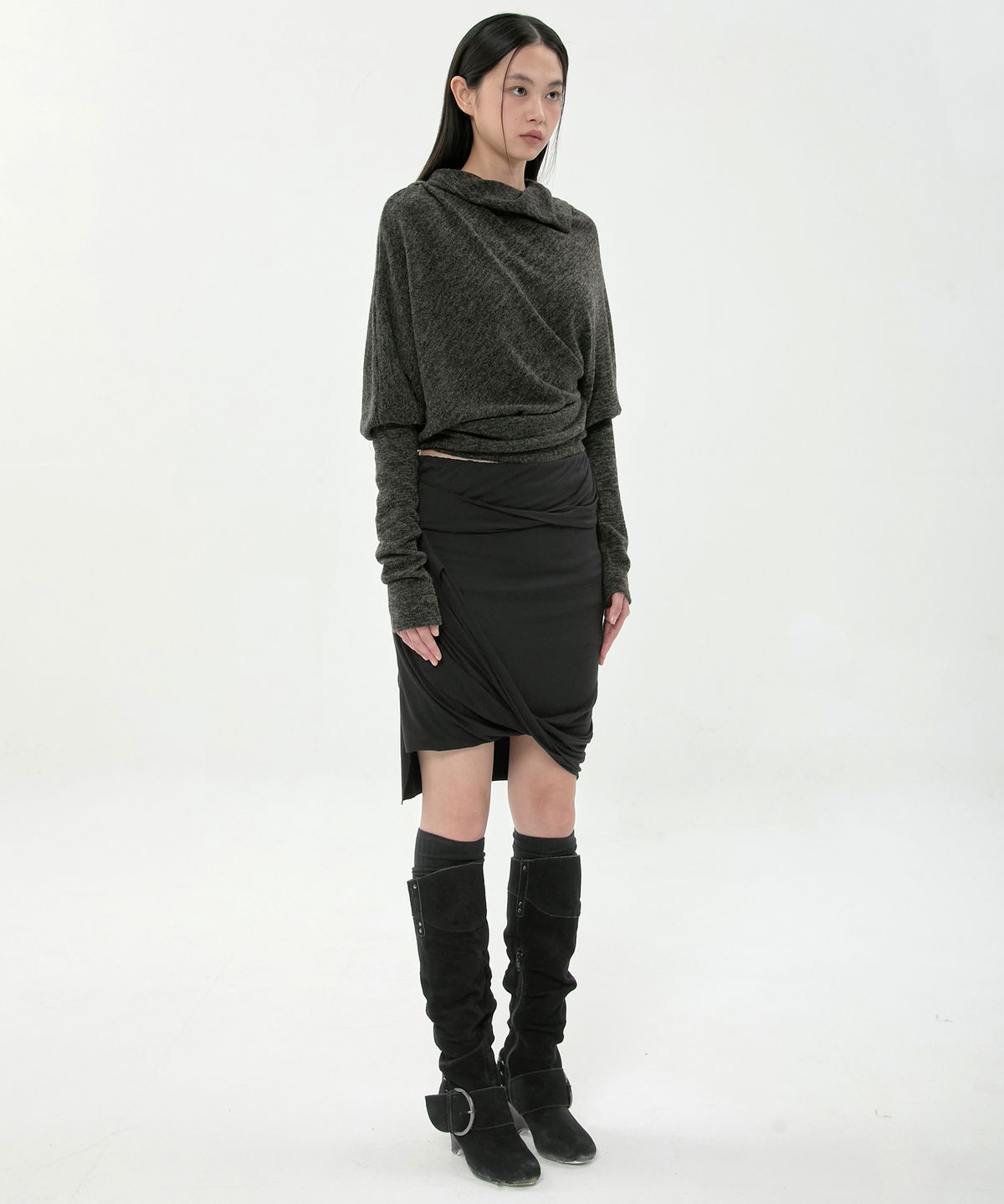 플레어업(FLAREUP) Knit Asymmetrical Long Sleeve (FL-193_Charcoal Melange)