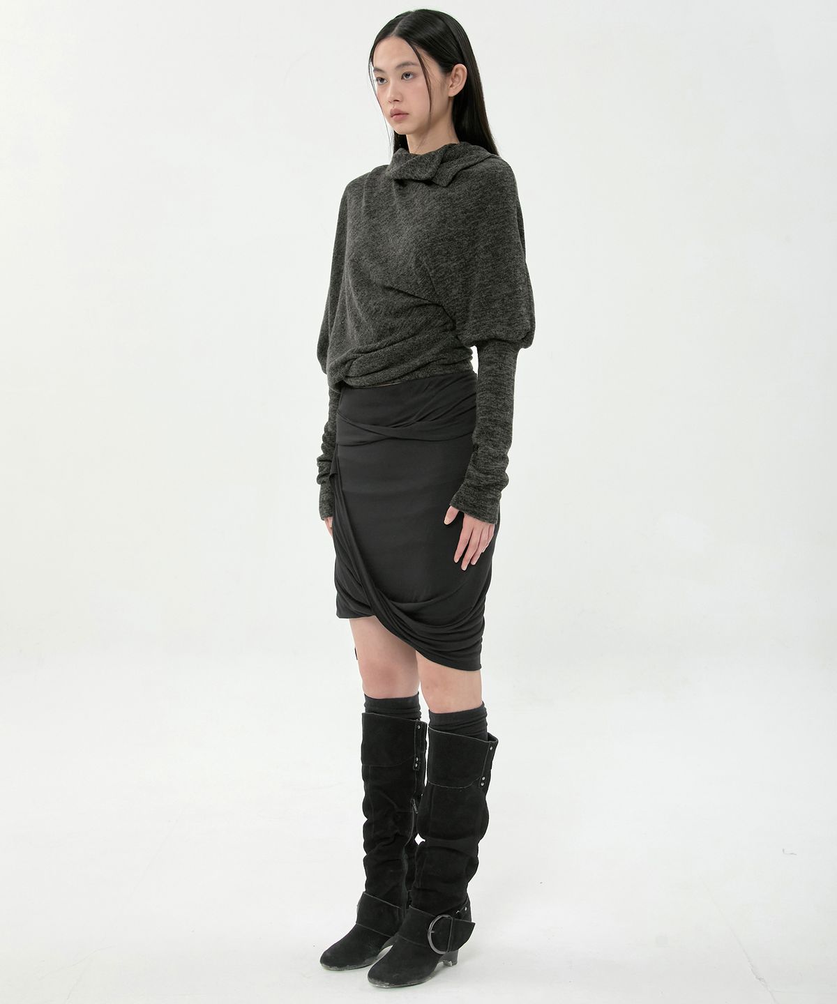 플레어업(FLAREUP) Knit Asymmetrical Long Sleeve (FL-193_Charcoal Melange)