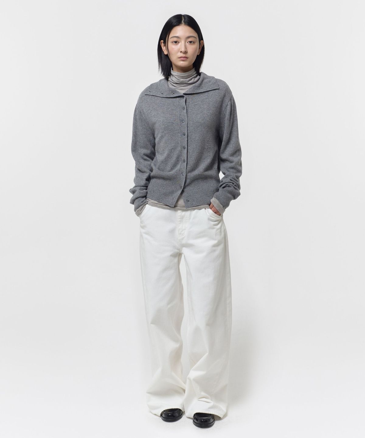 지비에이치 어패럴(GBH APPAREL) WOOL BLEND HIGH-NECK CARDIGAN / MELANGE GREY