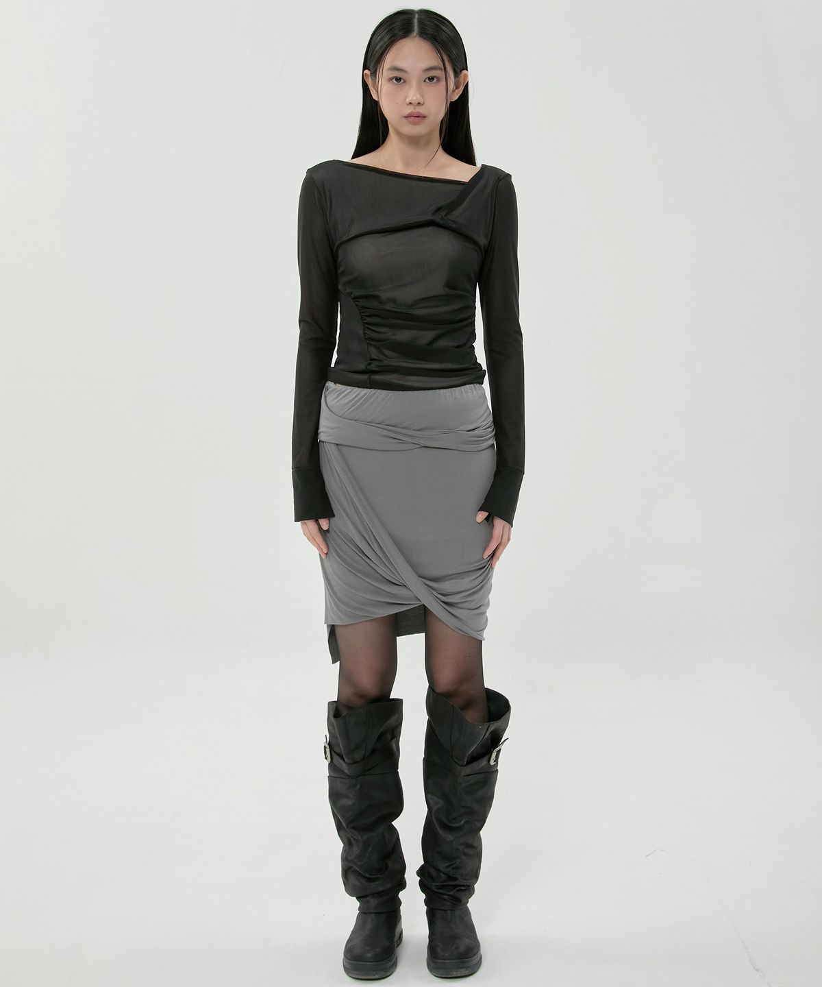 플레어업(FLAREUP) Asymmetrical Midi Skirt (FL-274_Dark Gray)