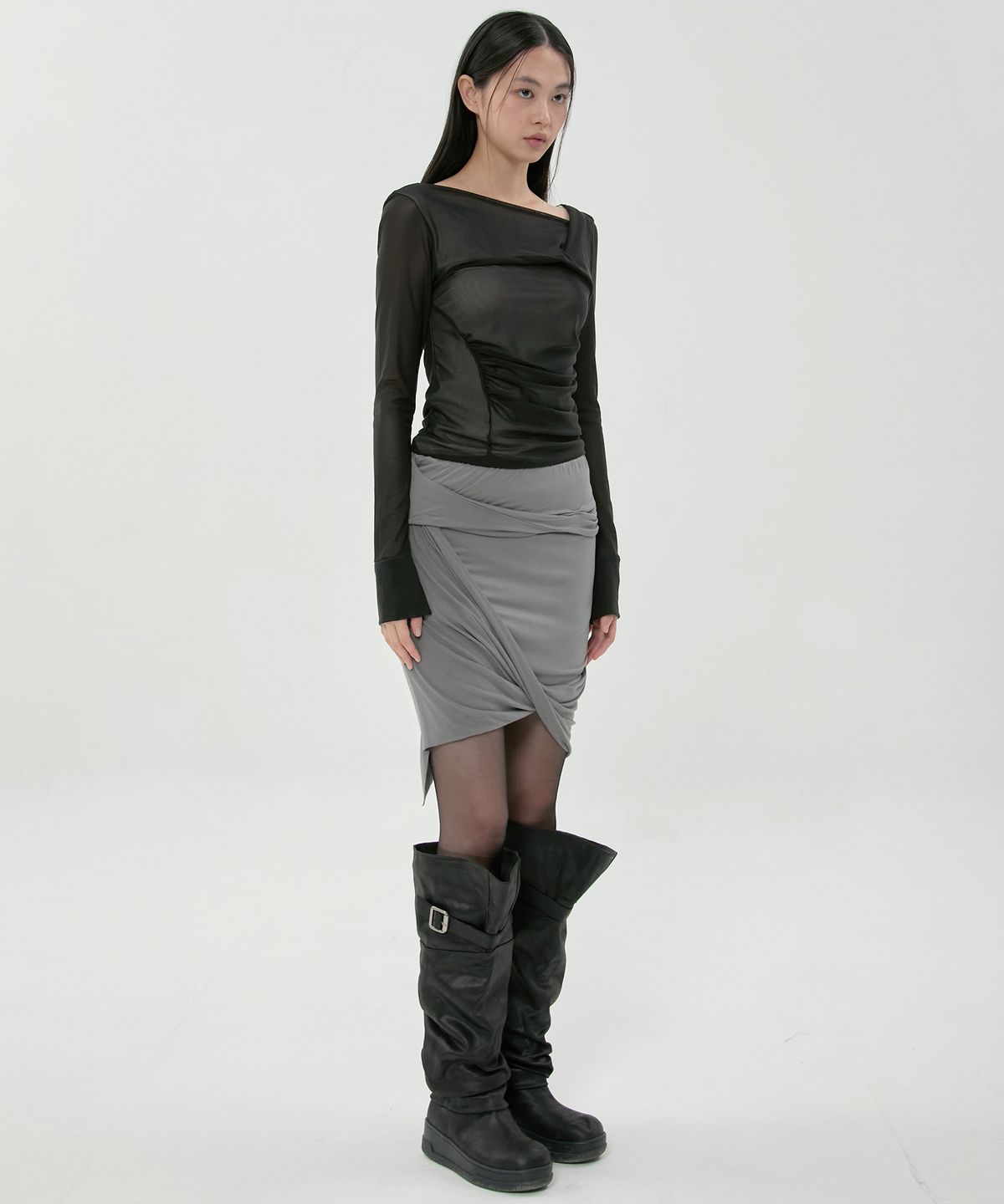 플레어업(FLAREUP) Asymmetrical Midi Skirt (FL-274_Dark Gray)