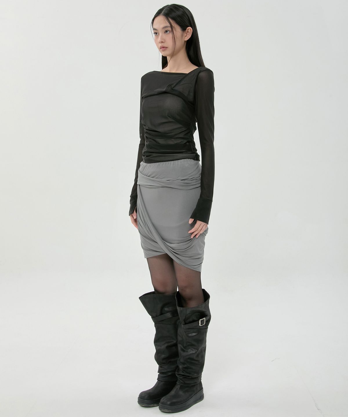 플레어업(FLAREUP) Asymmetrical Midi Skirt (FL-274_Dark Gray)