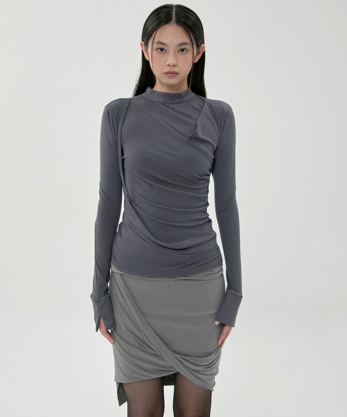 플레어업(FLAREUP) Asymmetrical Midi Skirt (FL-274_Dark Gray)