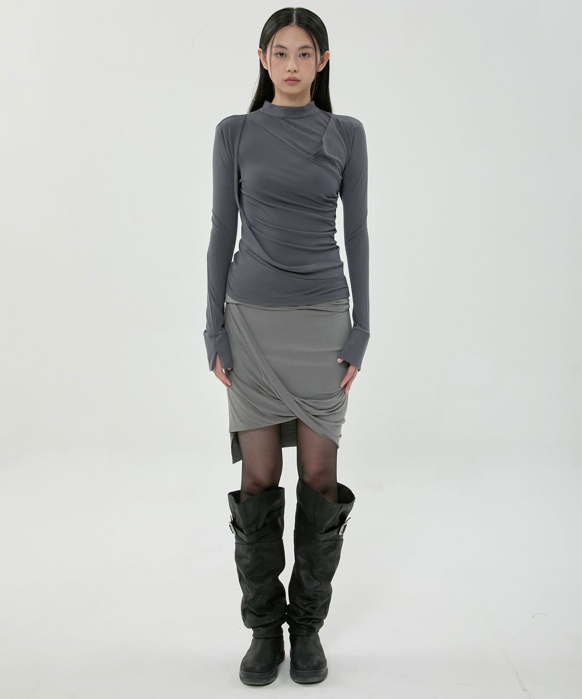 플레어업(FLAREUP) Asymmetrical Midi Skirt (FL-274_Dark Gray)