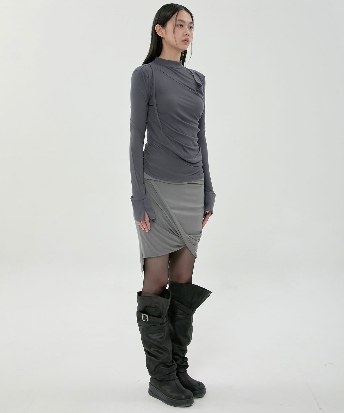 플레어업(FLAREUP) Asymmetrical Midi Skirt (FL-274_Dark Gray)
