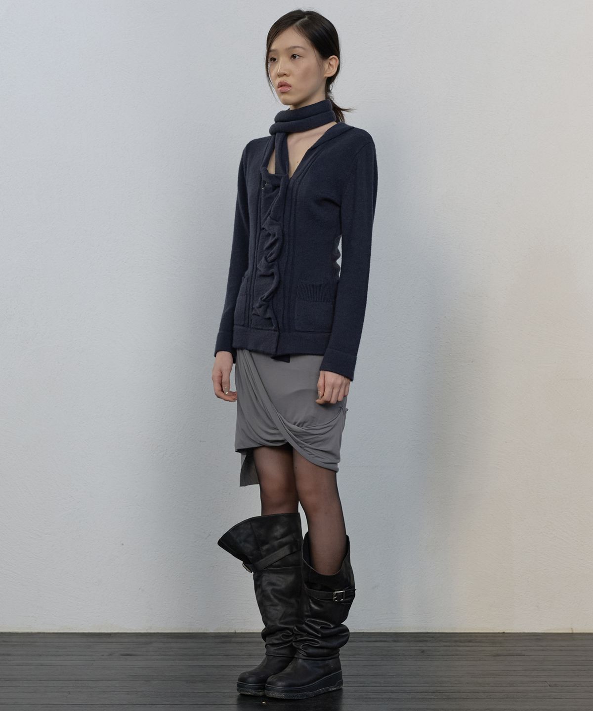 플레어업(FLAREUP) Asymmetrical Midi Skirt (FL-274_Dark Gray)
