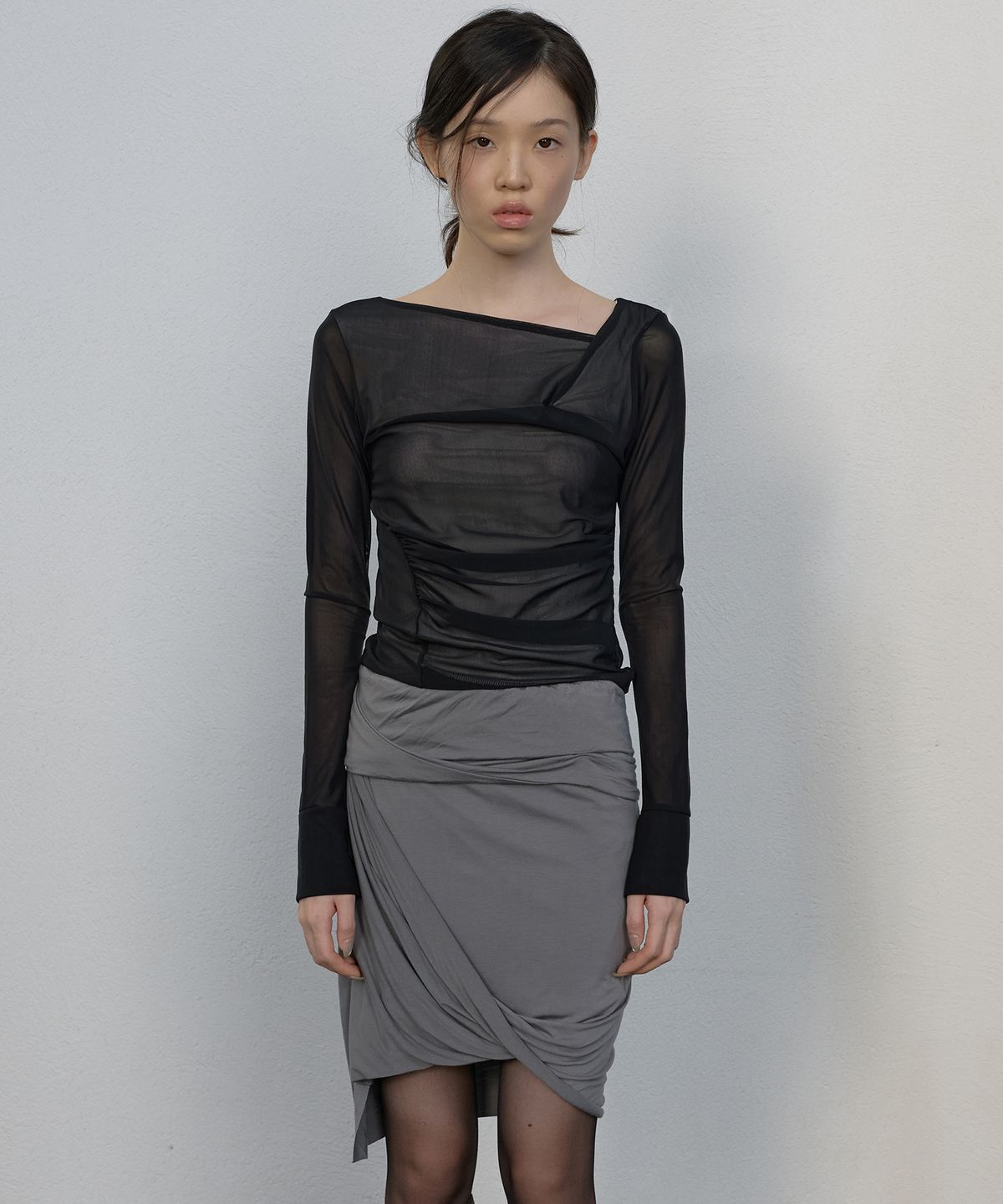 플레어업(FLAREUP) Asymmetrical Midi Skirt (FL-274_Dark Gray)