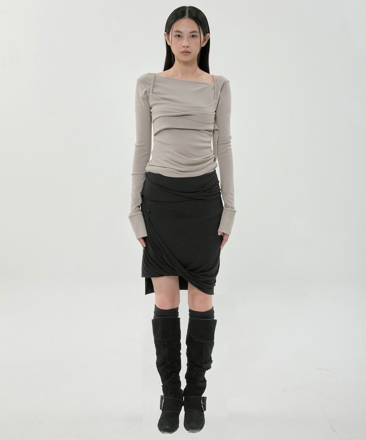 플레어업(FLAREUP) Asymmetrical Midi Skirt (FL-274_Black)