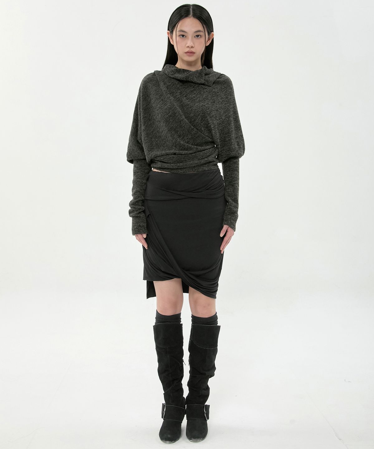 플레어업(FLAREUP) Asymmetrical Midi Skirt (FL-274_Black)