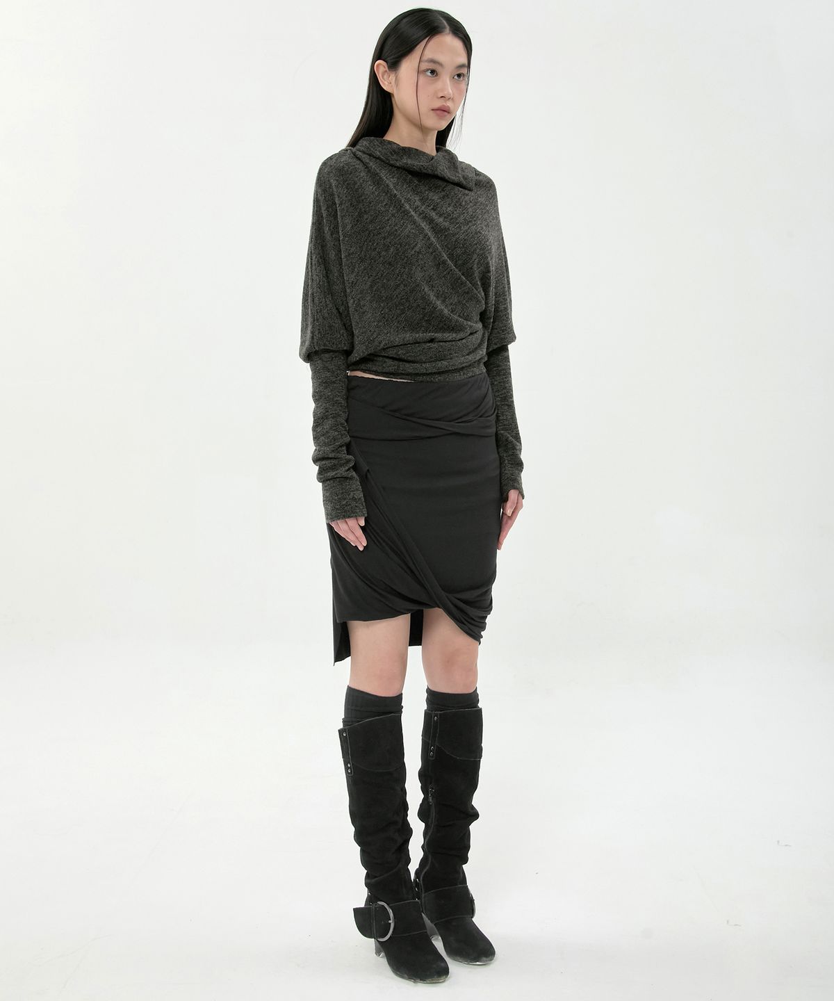 플레어업(FLAREUP) Asymmetrical Midi Skirt (FL-274_Black)
