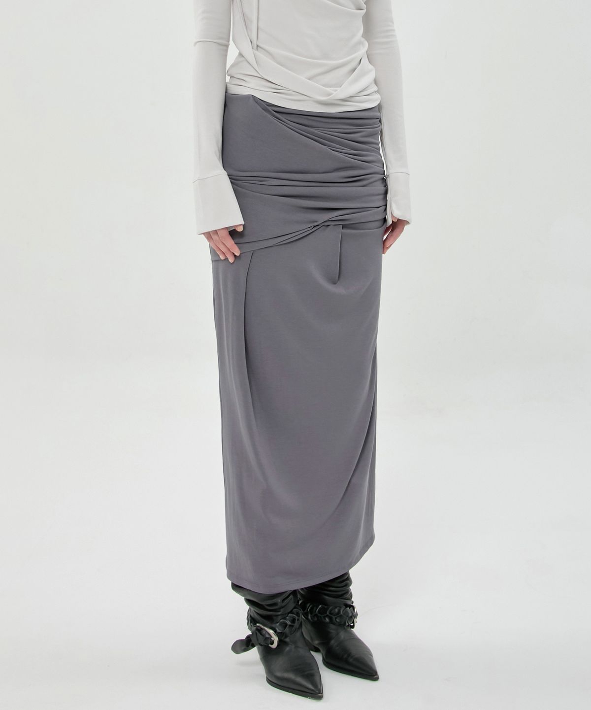 플레어업(FLAREUP) Draped Long Skirt (FL-275_Dark Gray)