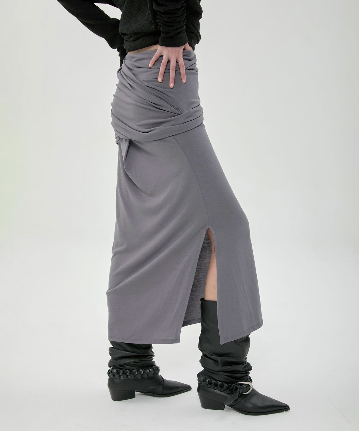 플레어업(FLAREUP) Draped Long Skirt (FL-275_Dark Gray)