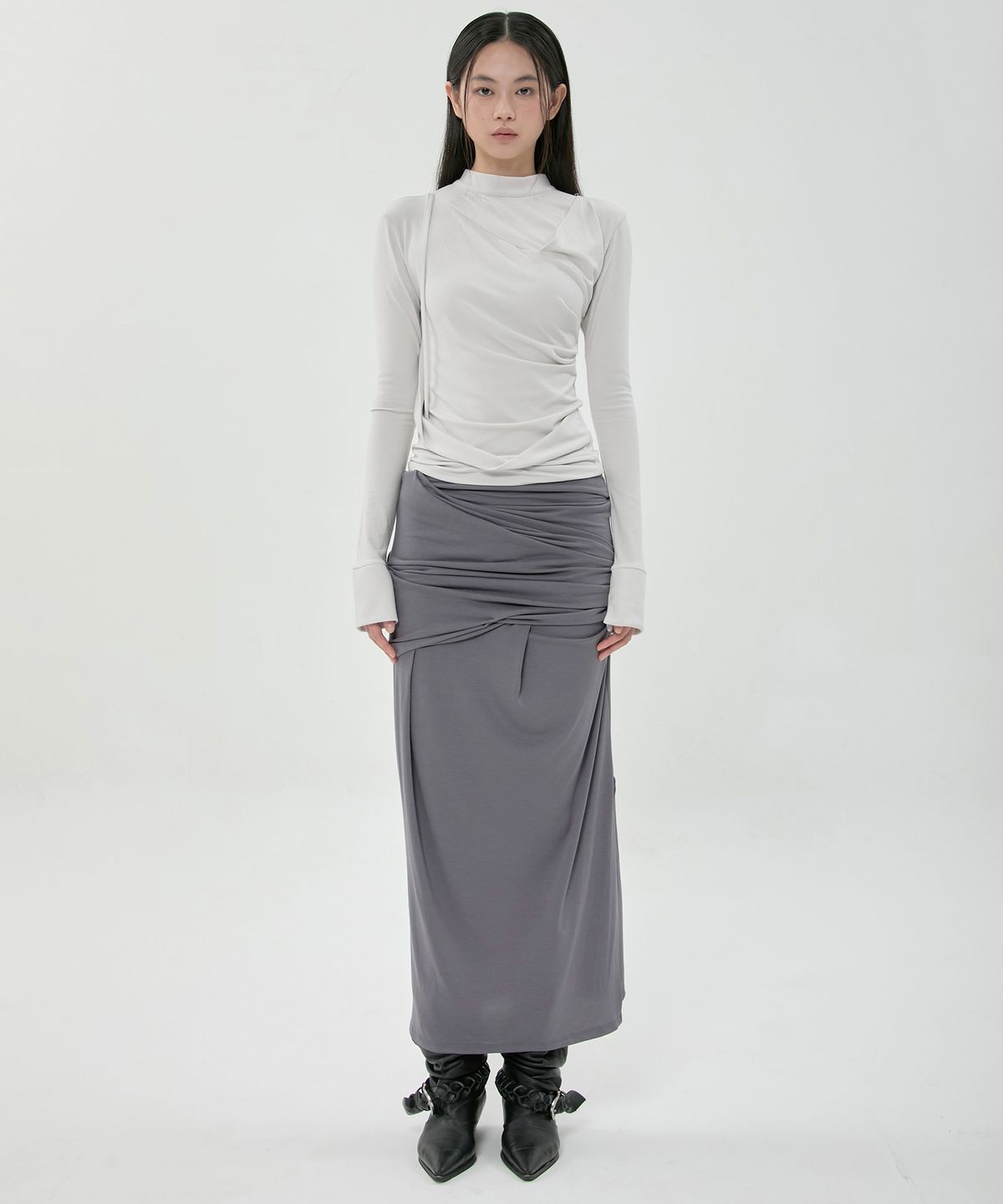 플레어업(FLAREUP) Draped Long Skirt (FL-275_Dark Gray)