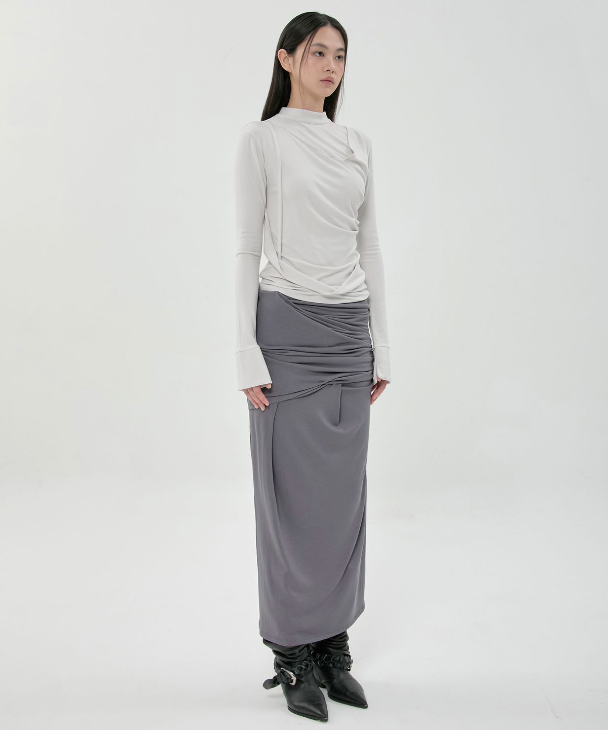 플레어업(FLAREUP) Draped Long Skirt (FL-275_Dark Gray)