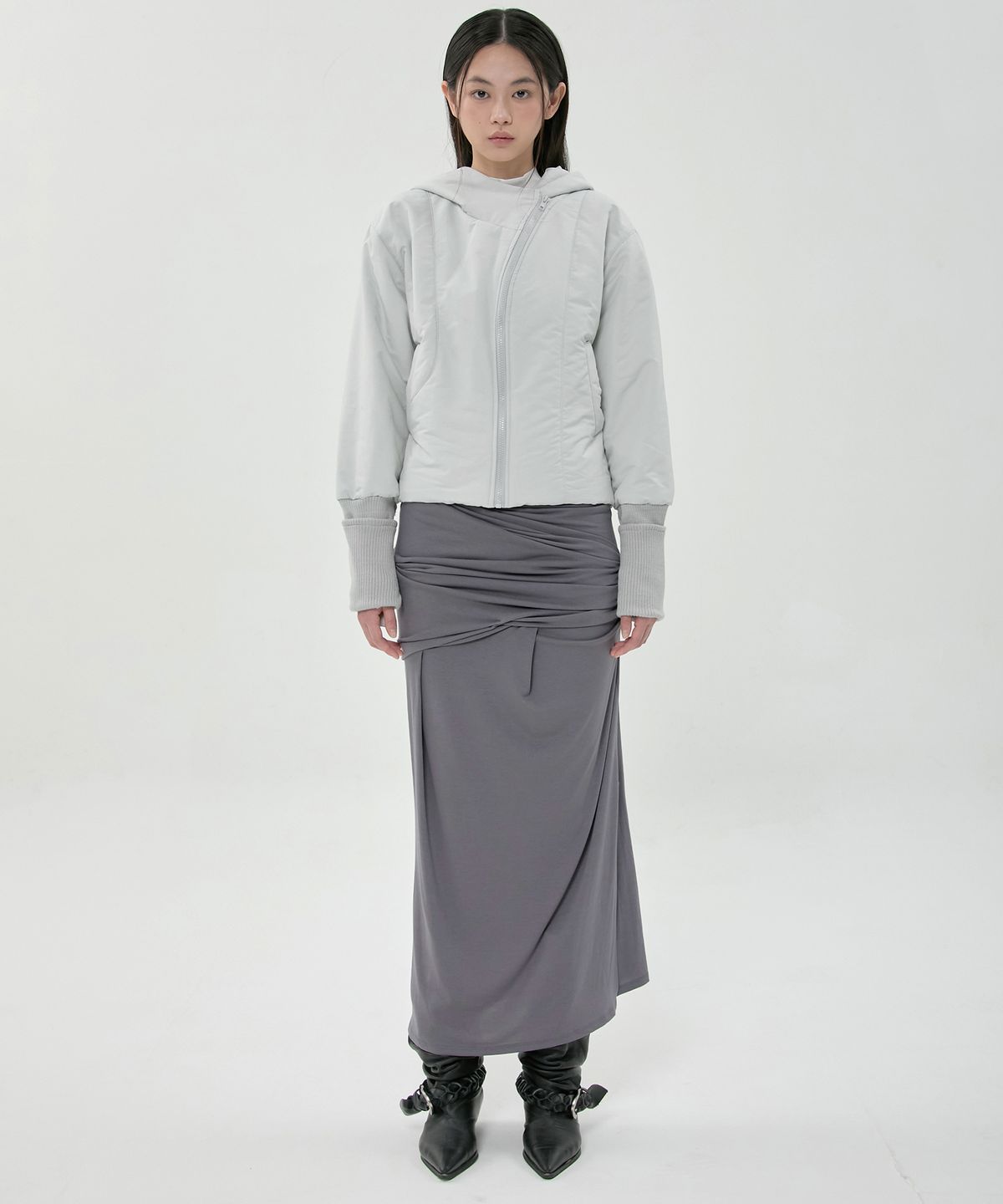플레어업(FLAREUP) Draped Long Skirt (FL-275_Dark Gray)