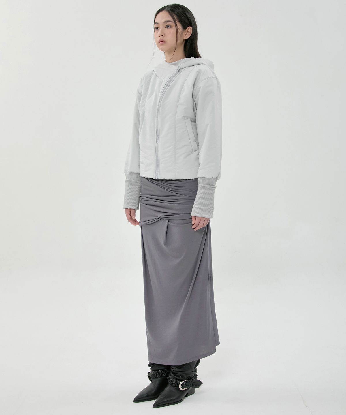 플레어업(FLAREUP) Draped Long Skirt (FL-275_Dark Gray)