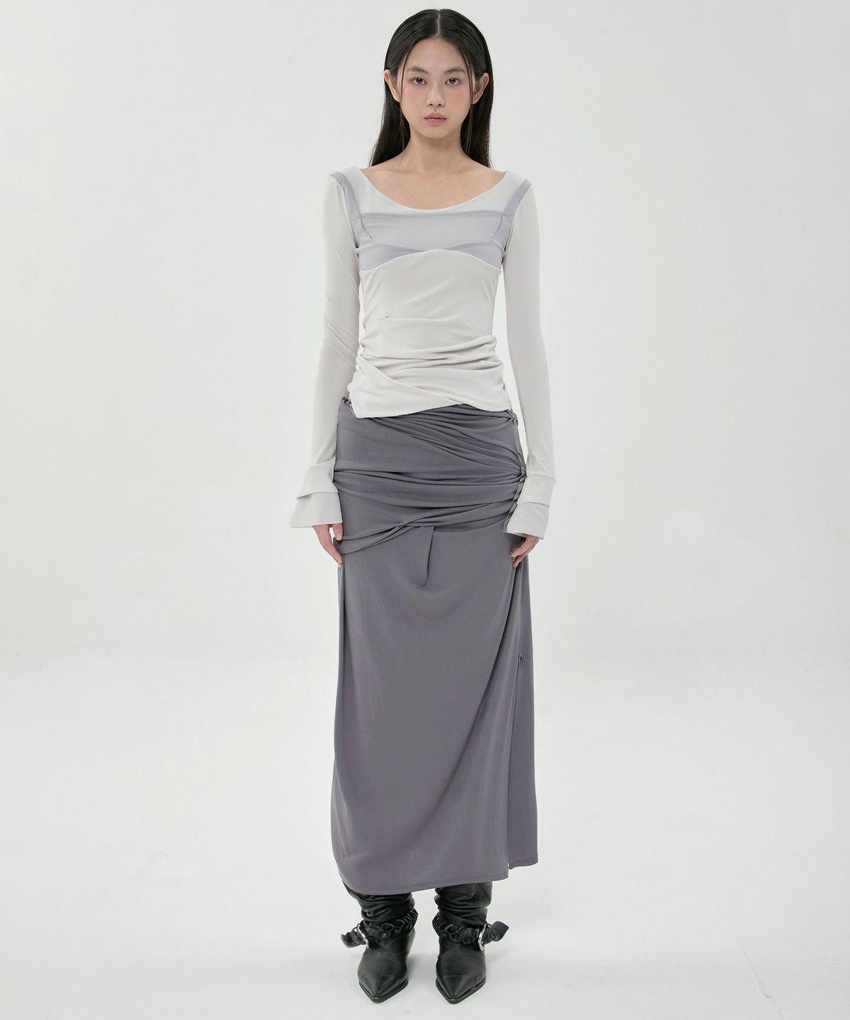 플레어업(FLAREUP) Draped Long Skirt (FL-275_Dark Gray)