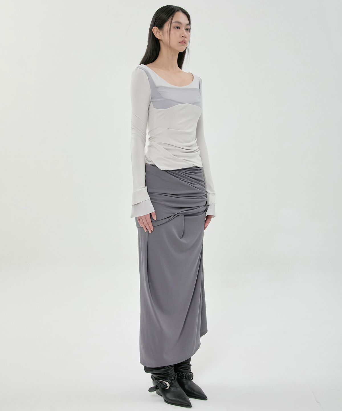 플레어업(FLAREUP) Draped Long Skirt (FL-275_Dark Gray)