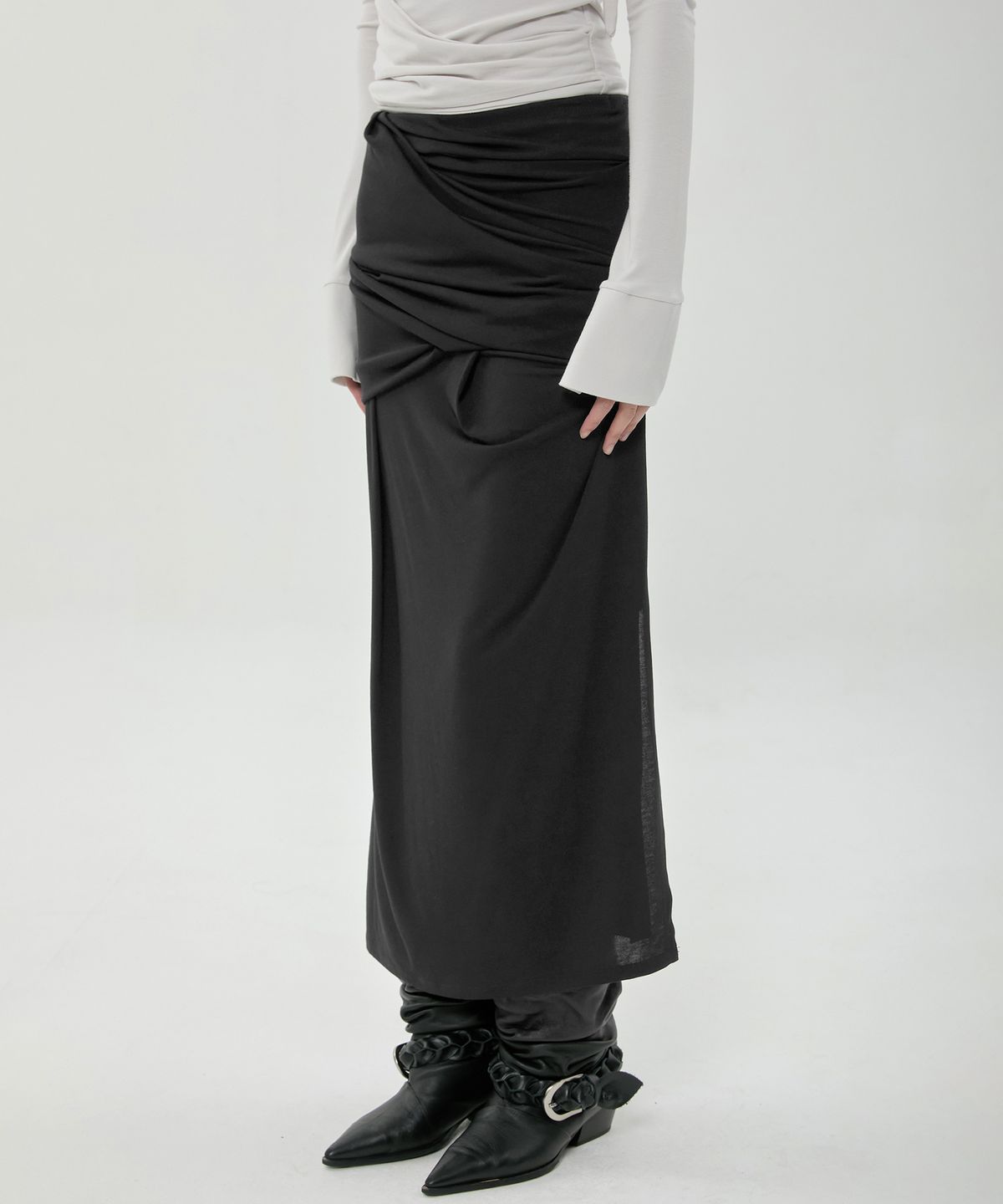 플레어업(FLAREUP) Draped Long Skirt (FL-275_Black)