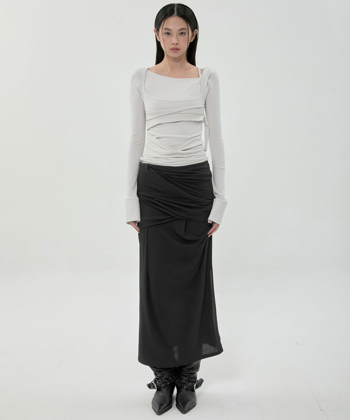플레어업(FLAREUP) Draped Long Skirt (FL-275_Black)