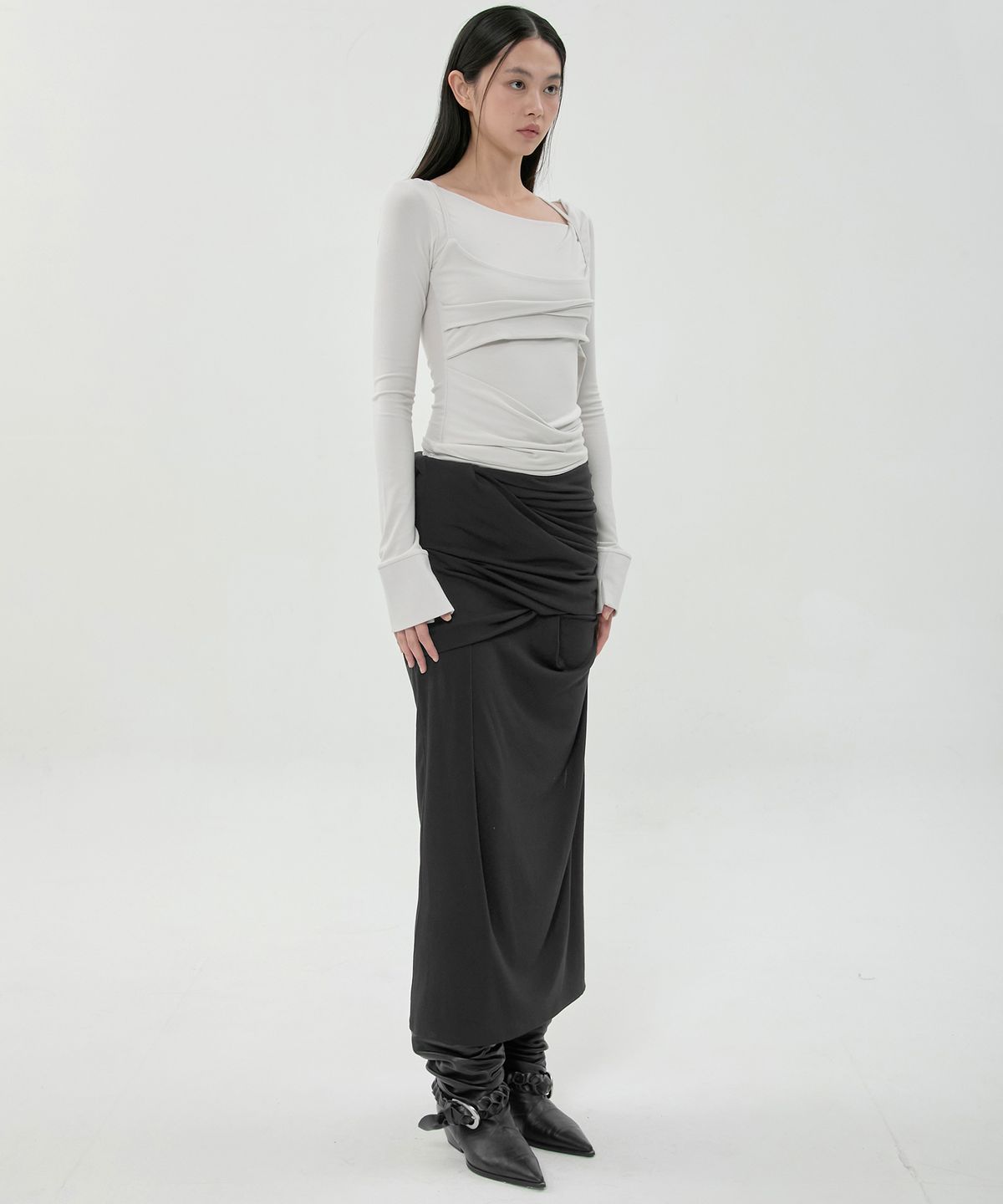 플레어업(FLAREUP) Draped Long Skirt (FL-275_Black)