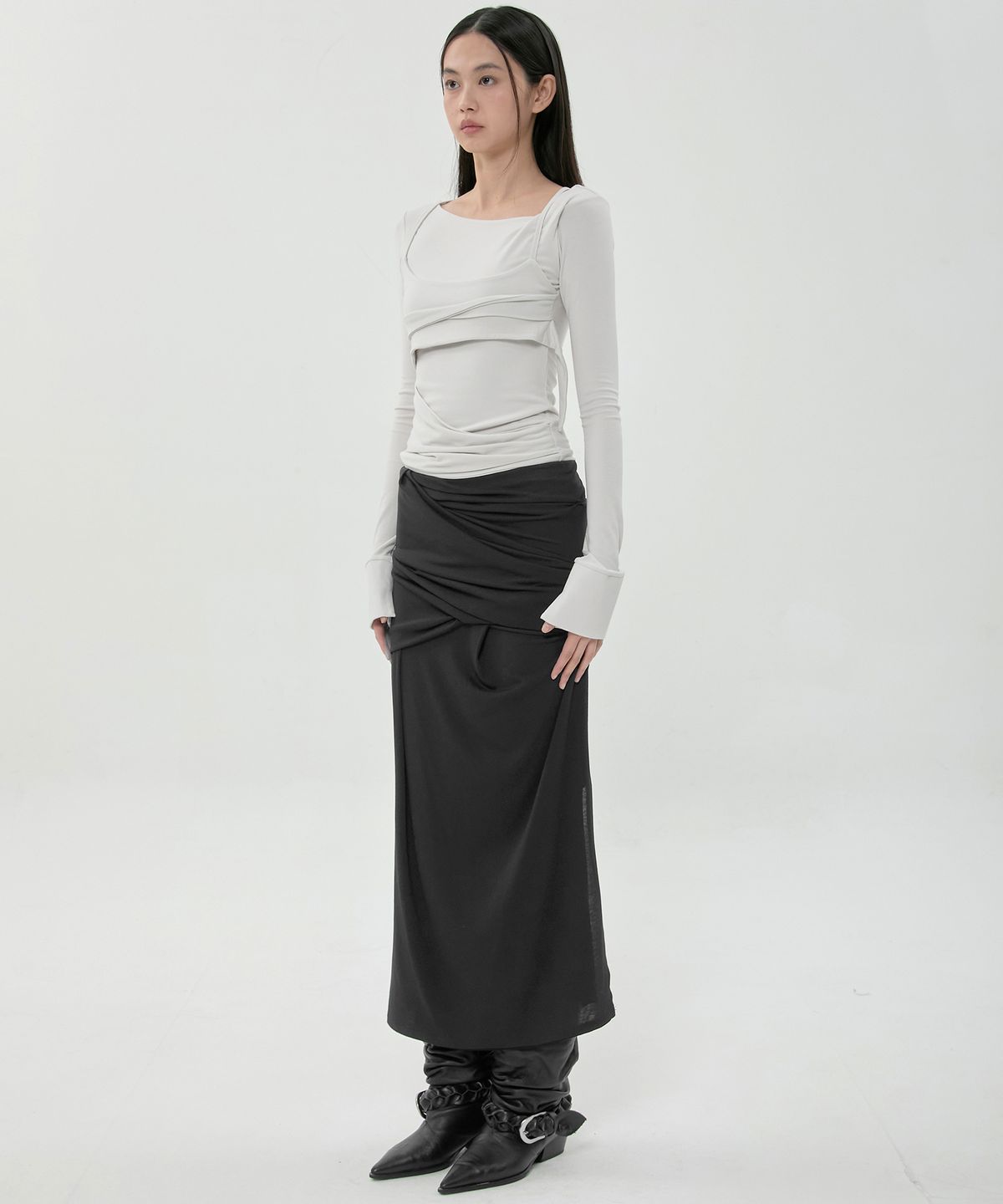 플레어업(FLAREUP) Draped Long Skirt (FL-275_Black)