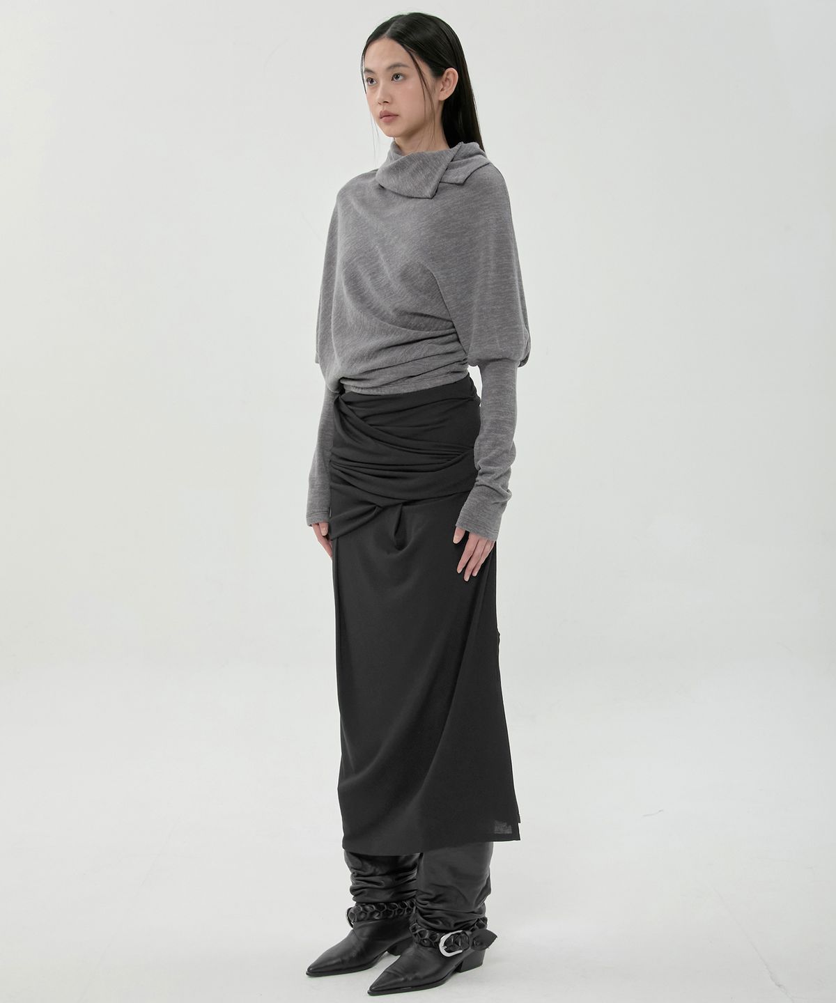 플레어업(FLAREUP) Draped Long Skirt (FL-275_Black)