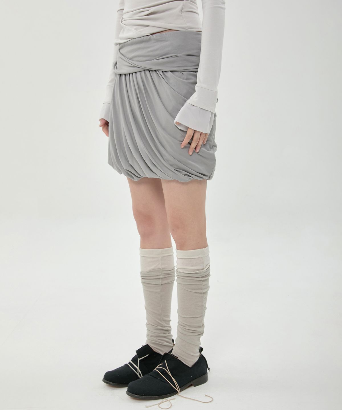 플레어업(FLAREUP) Layered Drape Midi Skirt (FL-276_Gray)