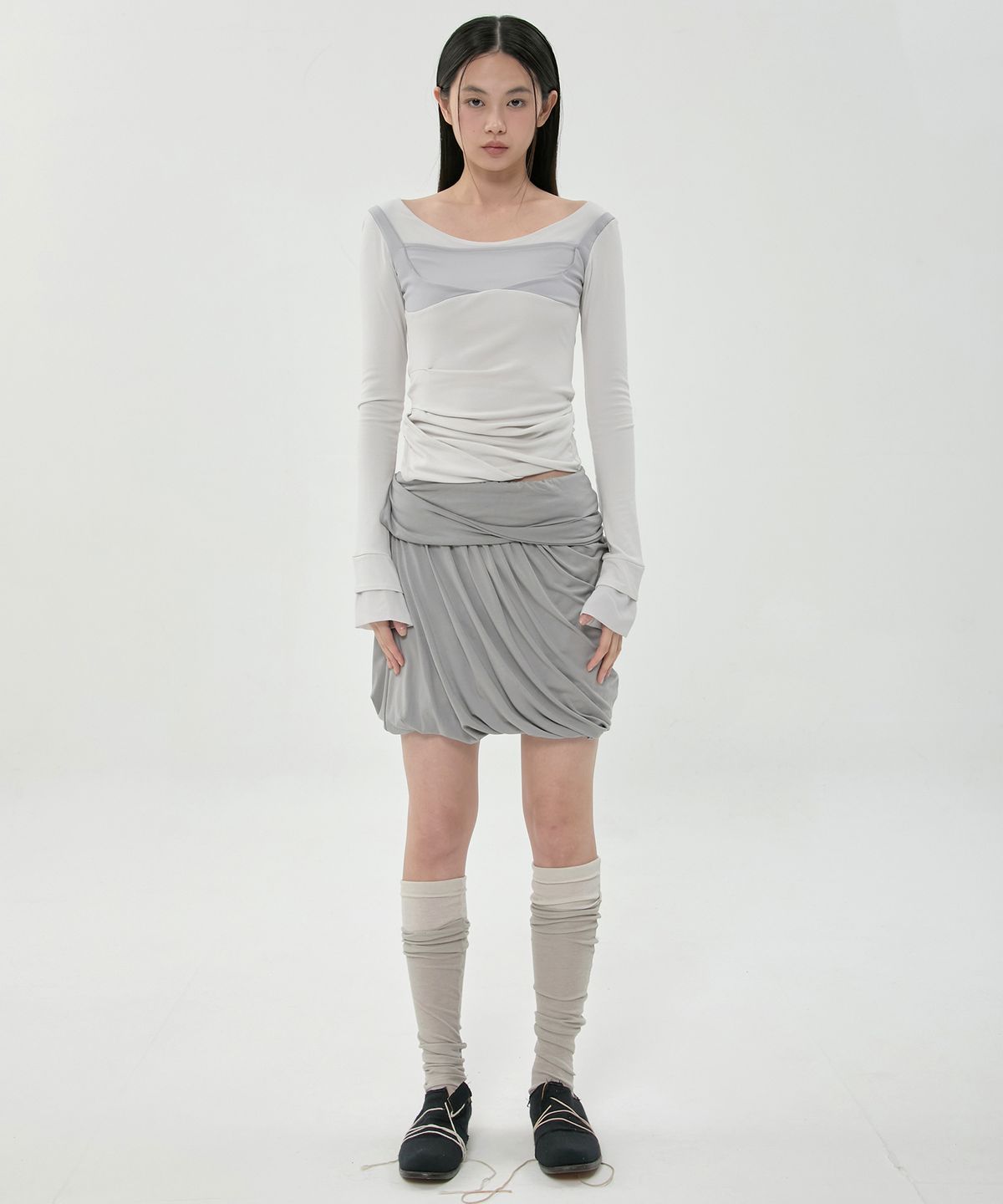 플레어업(FLAREUP) Layered Drape Midi Skirt (FL-276_Gray)