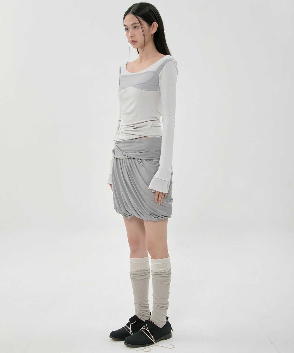 플레어업(FLAREUP) Layered Drape Midi Skirt (FL-276_Gray)