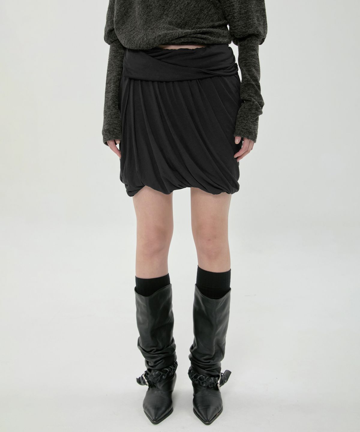 플레어업(FLAREUP) Layered Drape Midi Skirt (FL-276_Black)