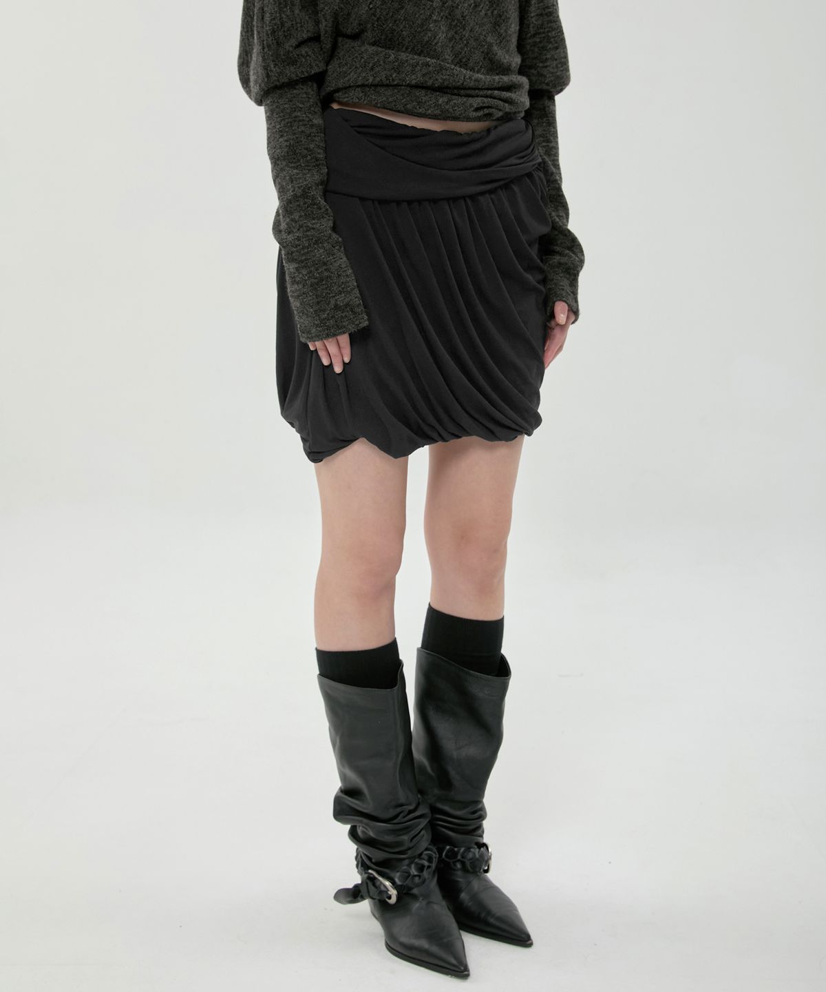 플레어업(FLAREUP) Layered Drape Midi Skirt (FL-276_Black)