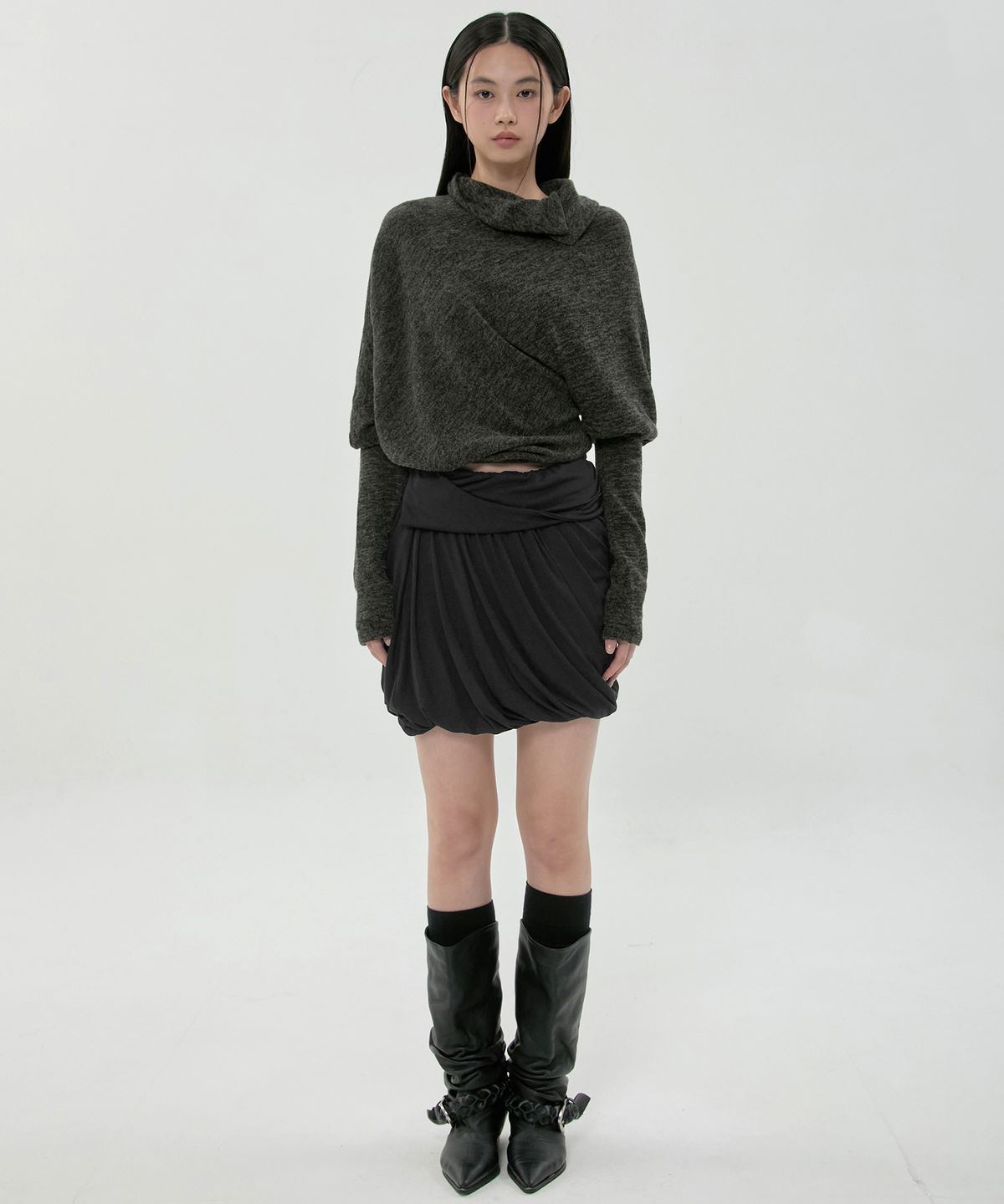 플레어업(FLAREUP) Layered Drape Midi Skirt (FL-276_Black)