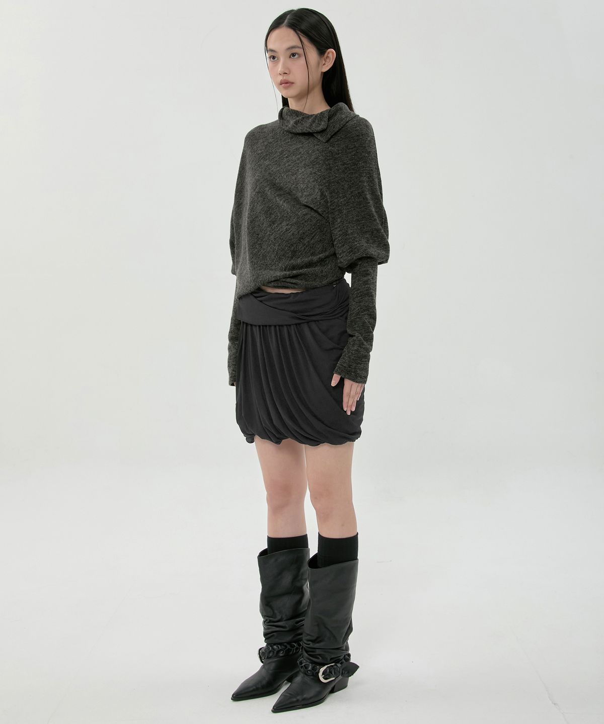 플레어업(FLAREUP) Layered Drape Midi Skirt (FL-276_Black)