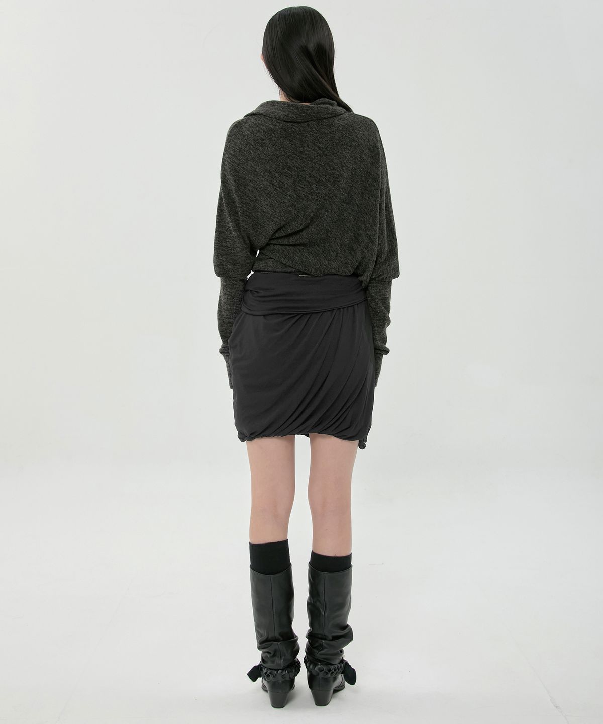 플레어업(FLAREUP) Layered Drape Midi Skirt (FL-276_Black)