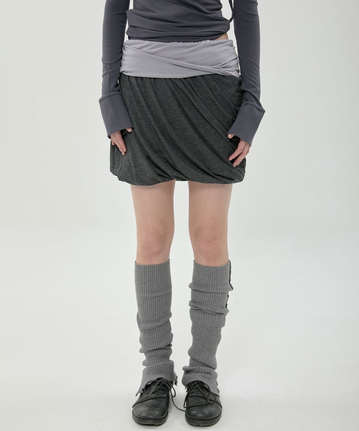 플레어업(FLAREUP) Layered Drape Midi Skirt (FL-276_Charcoal)